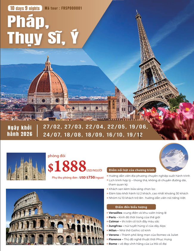 TOUR PHÁP, THỤY SĨ, Ý | 10 NGÀY 9 ĐÊM