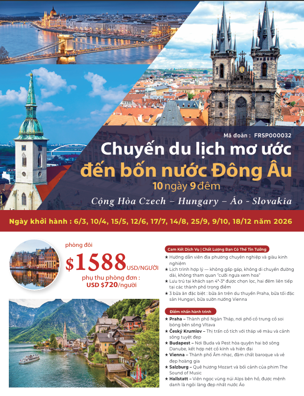 CHUYẾN DU LỊCH MƠ ƯỚC ĐẾN BỐN NƯỚC ĐÔNG ÂU | 10 NGÀY 9 ĐÊM